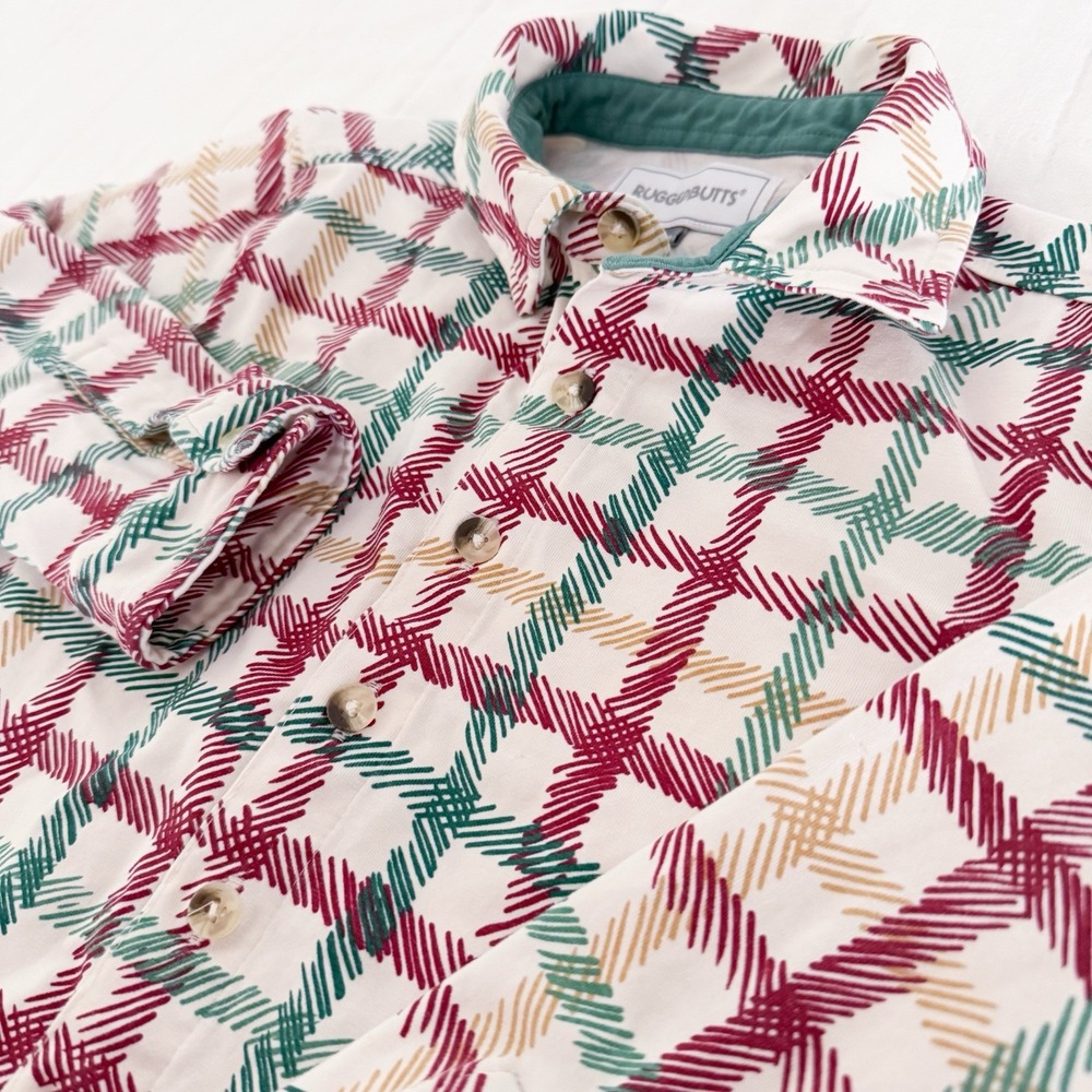 RuggedButts Boys Long Sleeve Button Down Size 5 Tinsel Plaid Christmas Holiday
